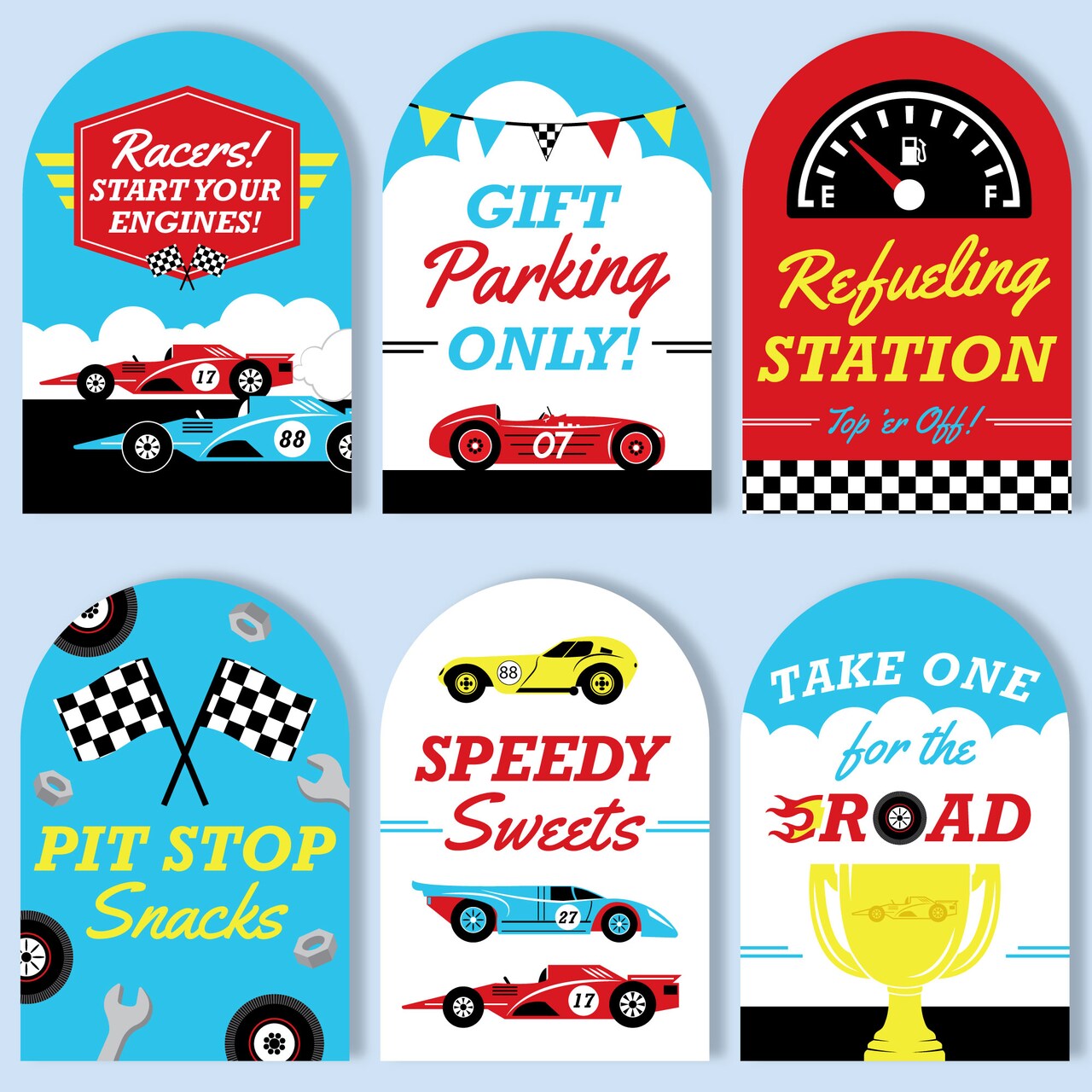 Big Dot of Happiness Race Car Party Signs with Stand Set, Table Sign Bundle for Pit Stop Snacks, Sweets, Fuel Drinks, Cards & Gifts, Favors, 6 Ct